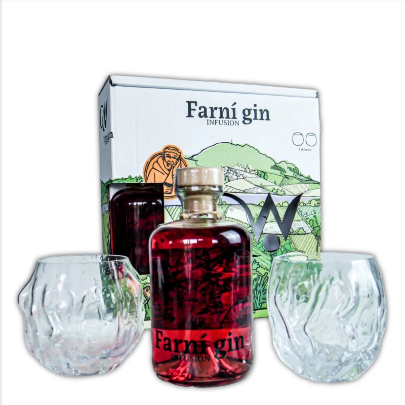 Set Farní gin 43% & ručně foukané sklenice Květná